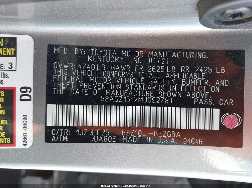 2021 Lexus Es 350 F Sport VIN: 58AGZ1B12MU092781 Lot: 44727662