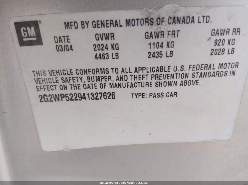 2004 Pontiac Grand Prix Gt1 VIN: 2G2WP522941327626 Lot: 44727794