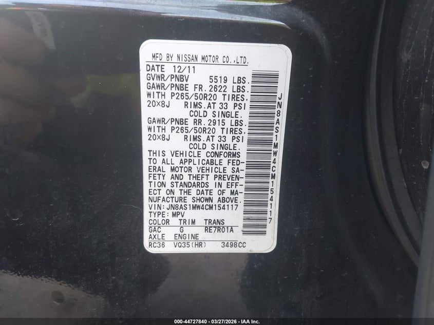 2012 Infiniti Fx35 VIN: JN8AS1MW4CM154117 Lot: 44727840