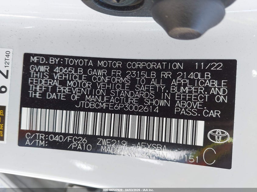 2023 TOYOTA COROLLA 1.8L I-4 DOHC, VVT, (VIN: JTDBCMFE6P3002614