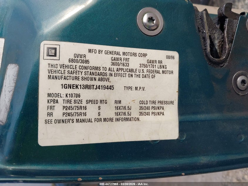 1996 Chevrolet Tahoe K1500 VIN: 1GNEK13R8TJ419445 Lot: 44727965