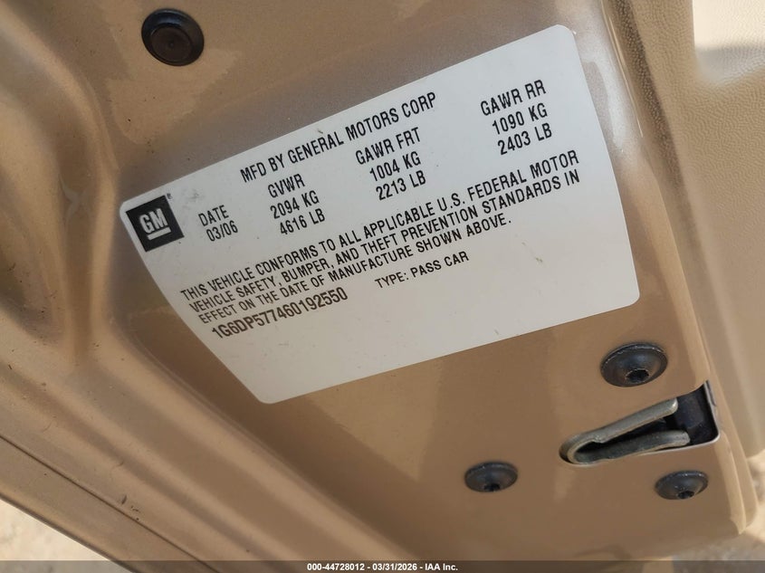 2006 Cadillac Cts Standard VIN: 1G6DP577460192550 Lot: 44728012