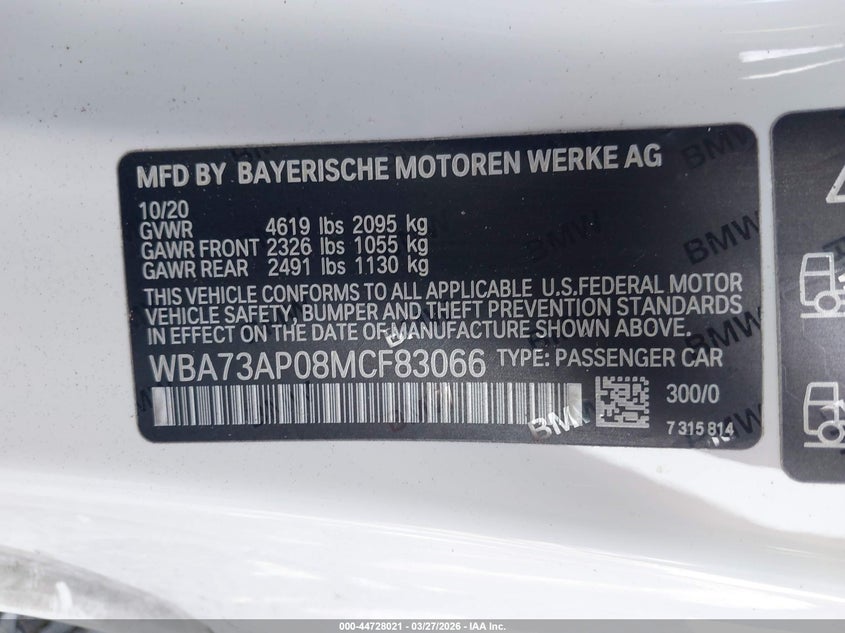 2021 BMW 430I xDrive VIN: WBA73AP08MCF83066 Lot: 44728021