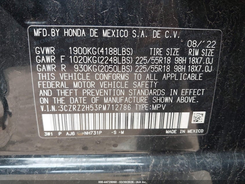 VIN 3CZRZ2H53PM712786 2023 HONDA HR-V AWD SPORT