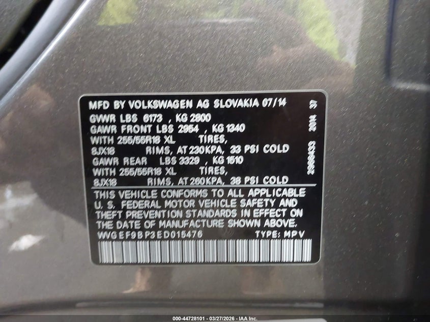 2014 Volkswagen Touareg 3.6L Sport VIN: WVGEF9BP3ED015476 Lot: 44728101