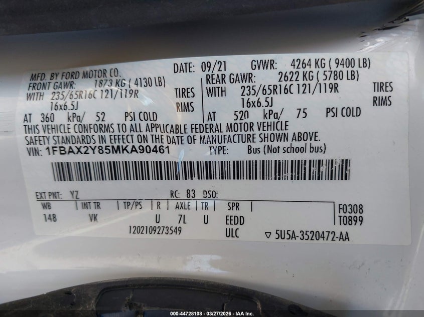 2021 FORD TRANSIT-350 PASSENGER VAN 3.5L V-6 DI, DOHC, V(VIN: 1FBAX2Y85MKA90461