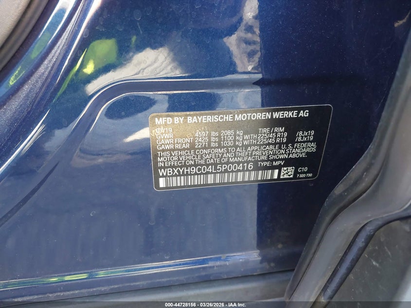 2020 BMW X2 Sdrive28I VIN: WBXYH9C04L5P00416 Lot: 44728156