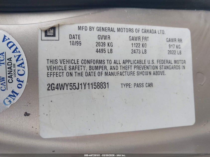 2000 Buick Century Limited VIN: 2G4WY55J1Y1158831 Lot: 44728181