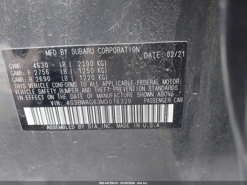 2021 Subaru Legacy Sport VIN: 4S3BWAG63M3016320 Lot: 44728410