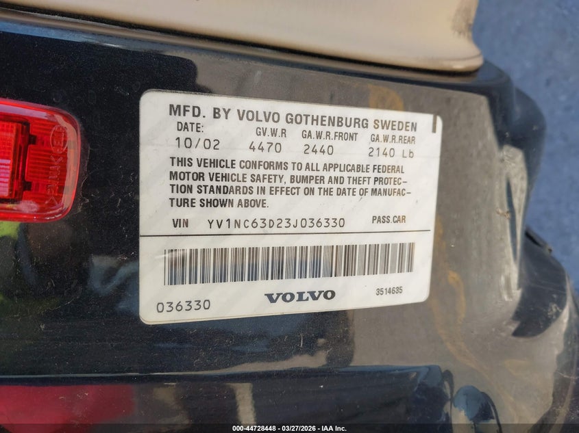 2003 Volvo C70 Lt VIN: YV1NC63D23J036330 Lot: 44728448