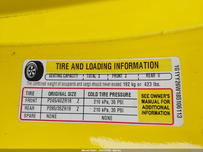 2008 Chevrolet Corvette VIN: 1G1YY26W185106113 Lot: 44728451