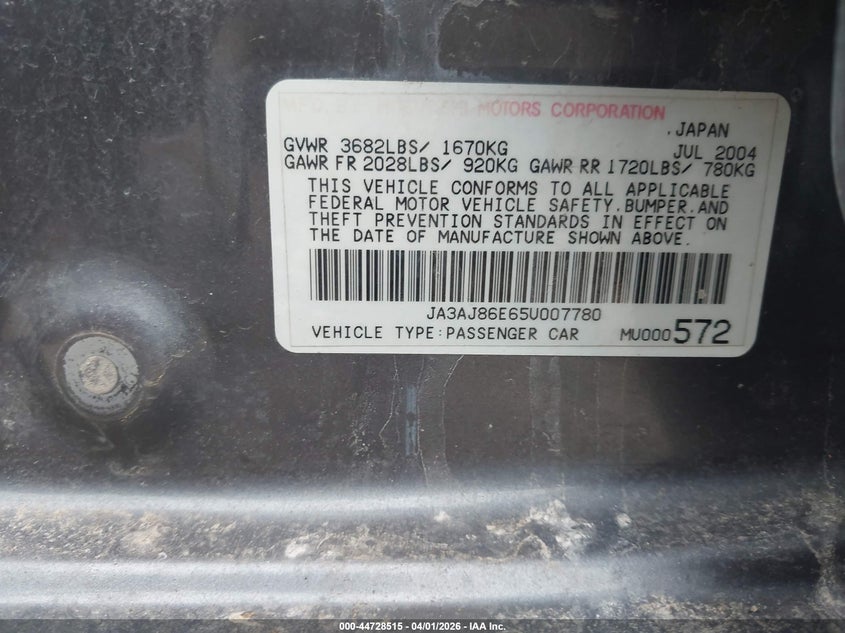 2005 Mitsubishi Lancer Oz Rally VIN: JA3AJ86E65U007780 Lot: 44728515