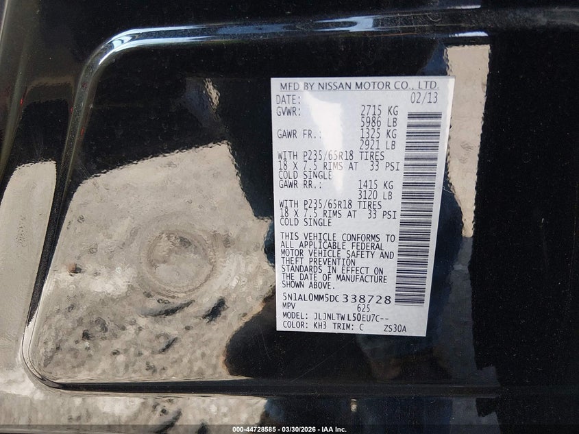 2013 Infiniti Jx35 VIN: 5N1AL0MM5DC338728 Lot: 44728585