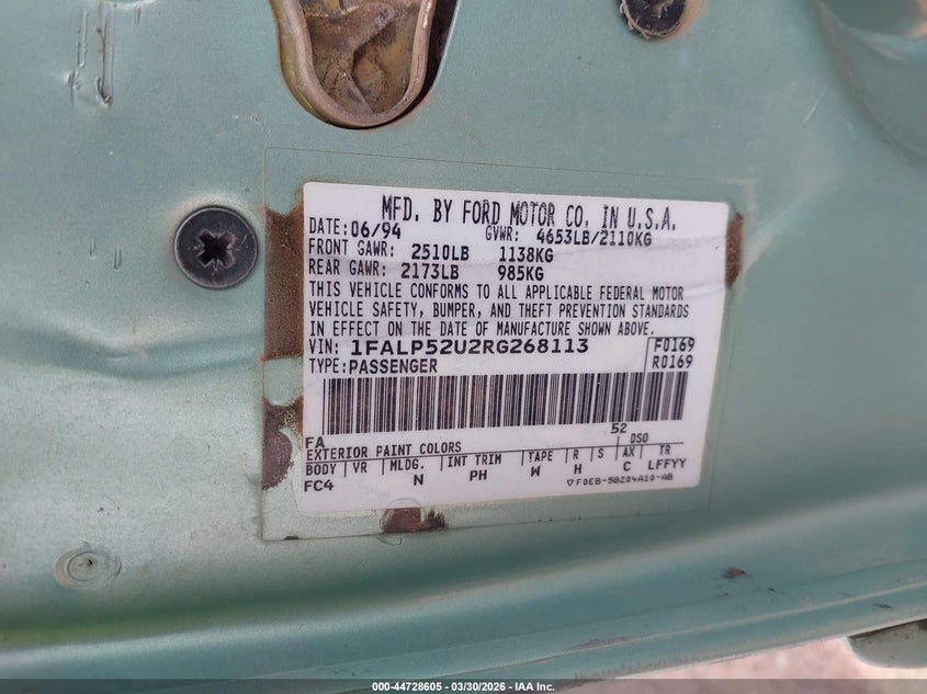 1994 Ford Taurus Gl VIN: 1FALP52U2RG268113 Lot: 44728605