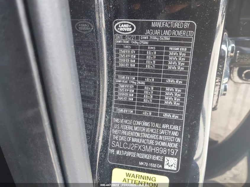 2021 Land Rover Discovery Sport S VIN: SALCJ2FX3MH898197 Lot: 44728618