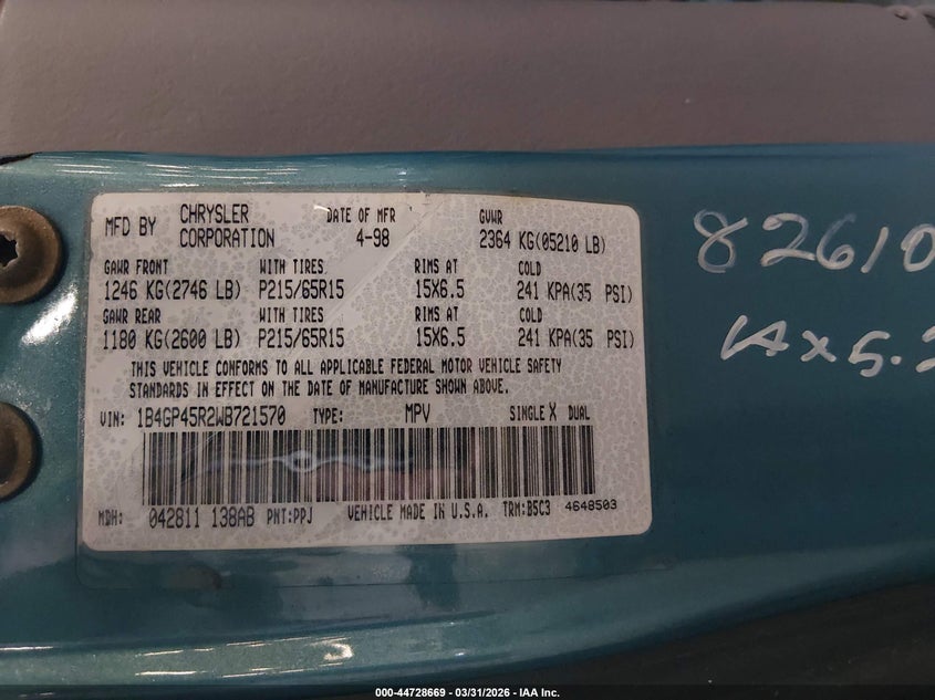 1998 Dodge Caravan Se VIN: 1B4GP45R2WB721570 Lot: 44728669