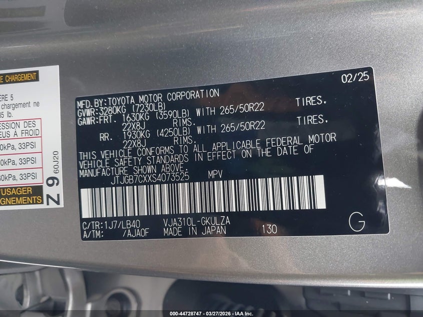 2025 Lexus Lx 600 Luxury VIN: JTJGB7CXXS4073525 Lot: 44728747