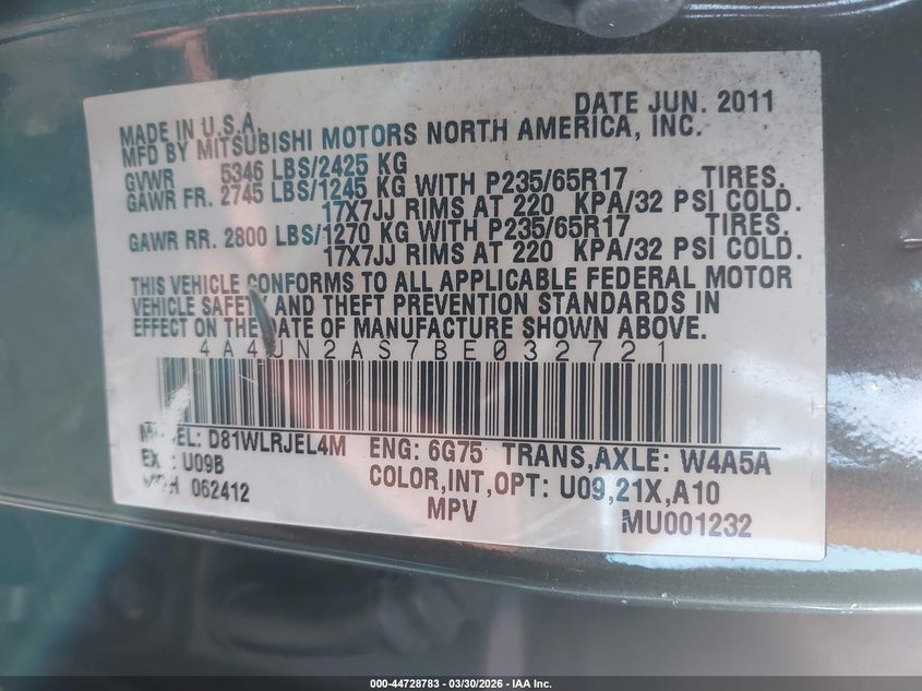 2011 Mitsubishi Endeavor VIN: 4A4JN2AS7BE032721 Lot: 44728783