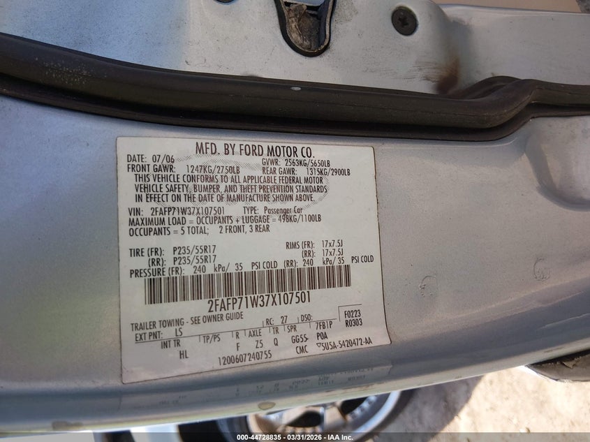 2007 Ford Crown Victoria Police/Police Interceptor VIN: 2FAFP71W37X107501 Lot: 44728835
