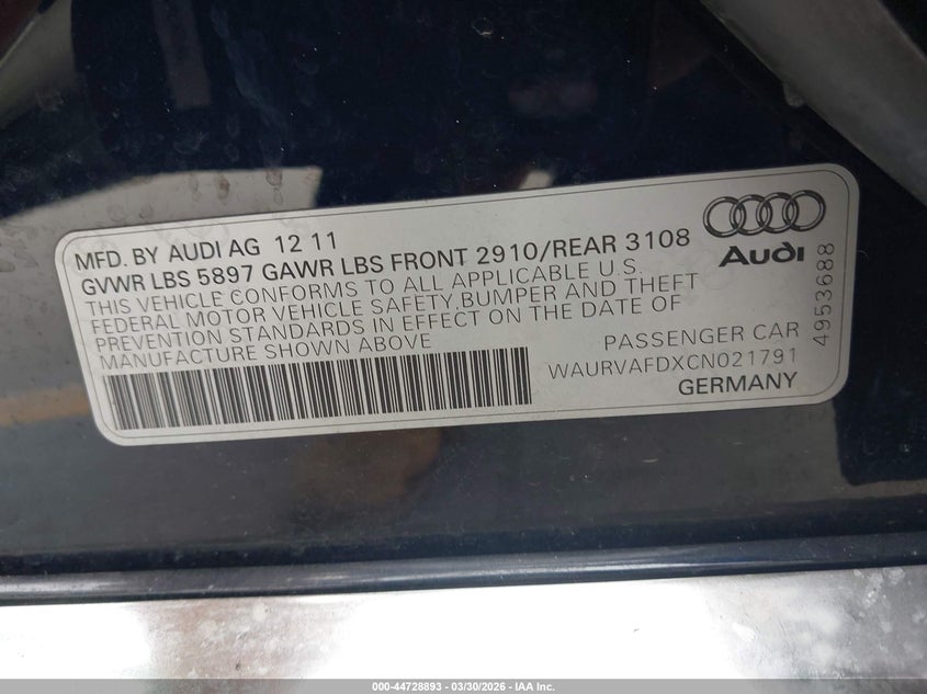 2012 Audi A8 L 4.2 VIN: WAURVAFDXCN021791 Lot: 44728893