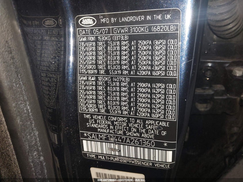 2007 Land Rover Range Rover Supercharged VIN: SALMF13447A261360 Lot: 44729062