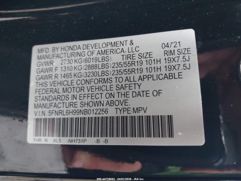 2022 Honda Odyssey Elite VIN: 5FNRL6H99NB012256 Lot: 44729082