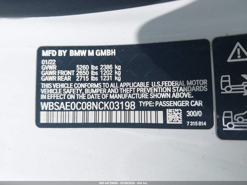 2022 BMW M8 Competition VIN: WBSAE0C08NCK03198 Lot: 44729089