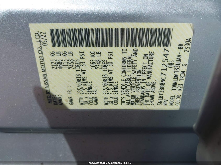 2022 Nissan Rogue Sv Intelligent Awd VIN: 5N1BT3BB8NC712547 Lot: 44729247