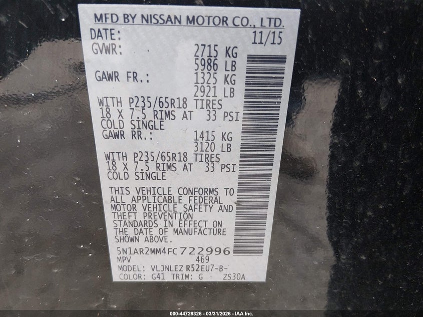 2015 NISSAN PATHFINDER SPORT UTILITY VEHICLE 3.5L V-6 DOHC, VVT, 260HP