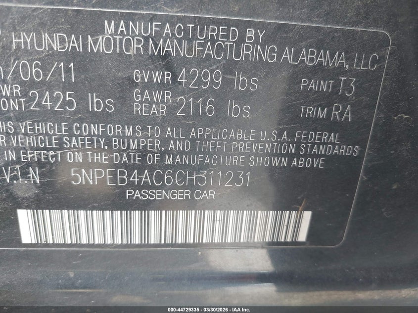 2012 Hyundai Sonata 2.4 Gls grey Lot 111044729335 Vin 5NPEB4AC6CH311231