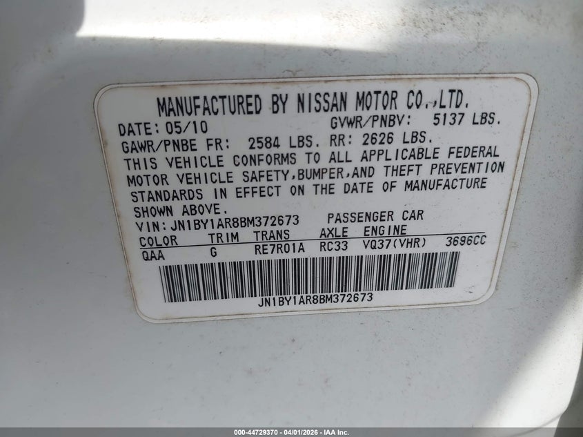 2011 Infiniti M37X VIN: JN1BY1AR8BM372673 Lot: 44729370