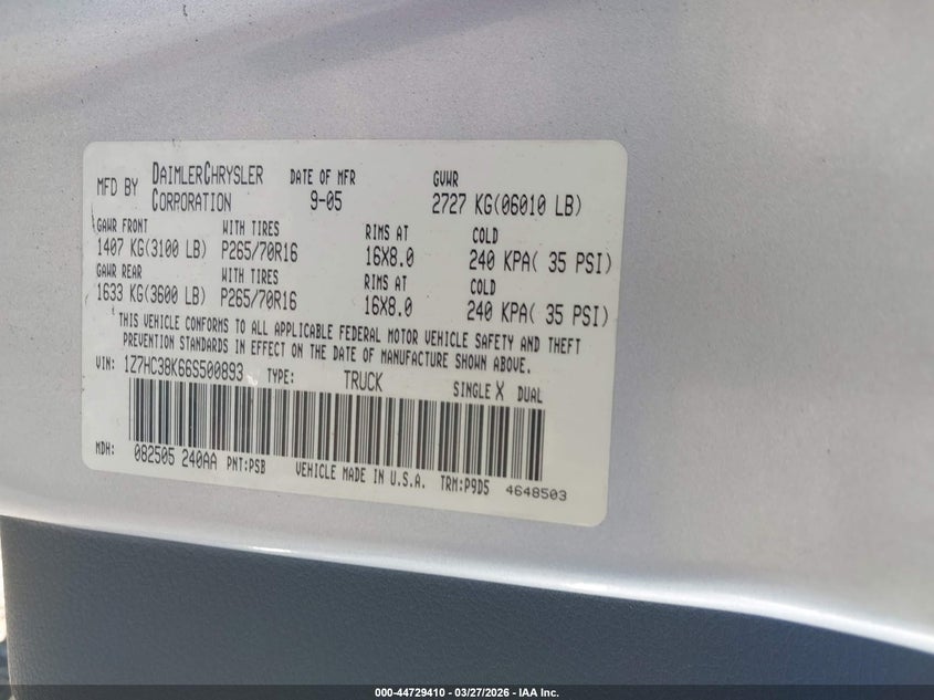 2006 Mitsubishi Raider Duro Cross V6 VIN: 1Z7HC38K66S500893 Lot: 44729410