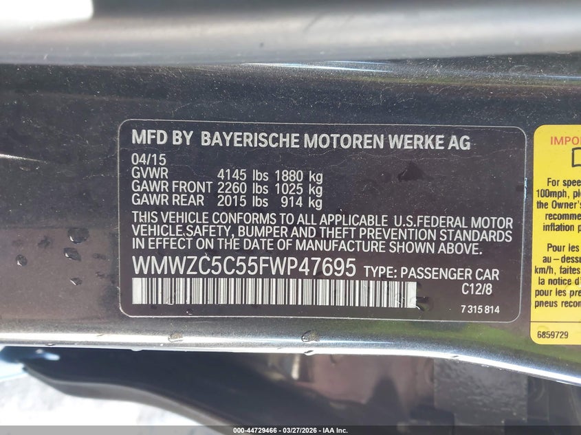 2015 Mini Countryman Cooper S VIN: WMWZC5C55FWP47695 Lot: 44729466