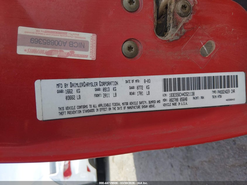 2004 Dodge Neon Sxt VIN: 1B3ES56C44D521138 Lot: 44729506