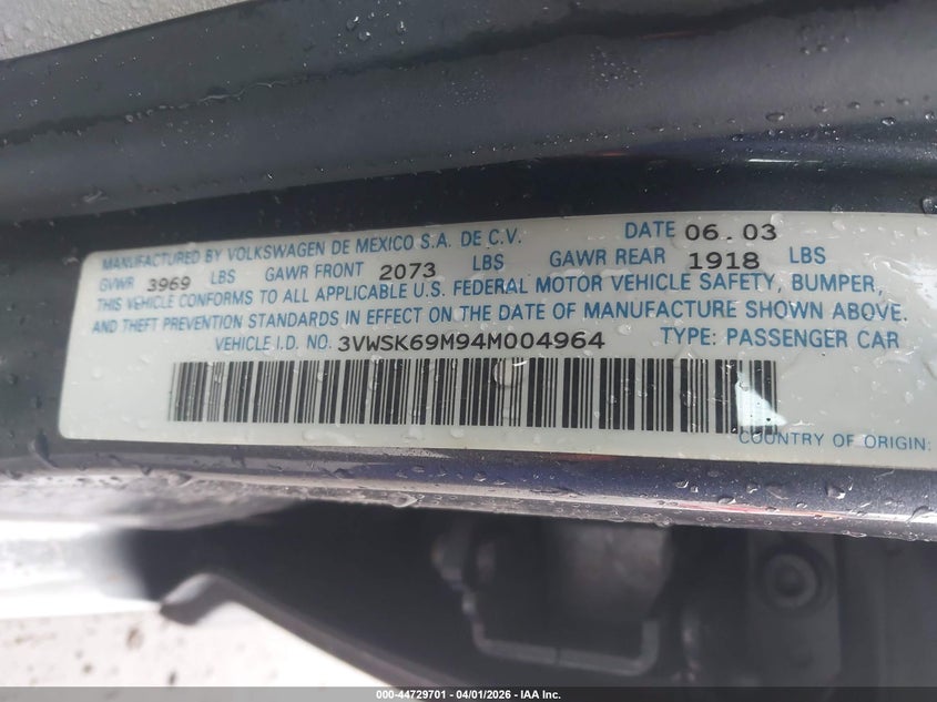 2004 Volkswagen Jetta Gls 2.0L VIN: 3VWSK69M94M004964 Lot: 44729701