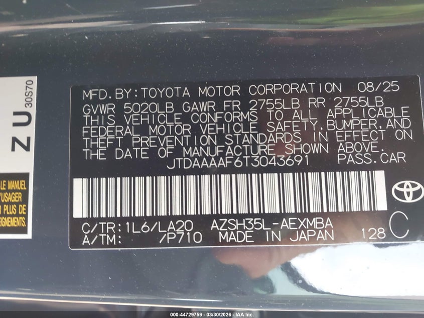 2026 Toyota Crown Xle VIN: JTDAAAAF6T3043691 Lot: 44729759