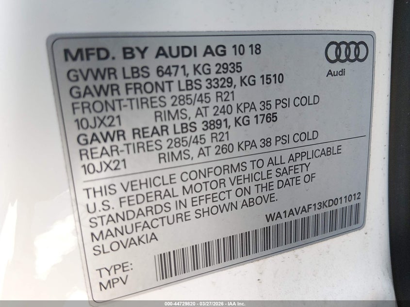 2019 Audi Q8 55 Premium VIN: WA1AVAF13KD011012 Lot: 44729820