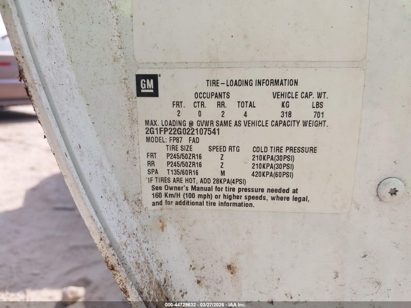 2002 Chevrolet Camaro Police VIN: 2G1FP22G022107541 Lot: 44729832