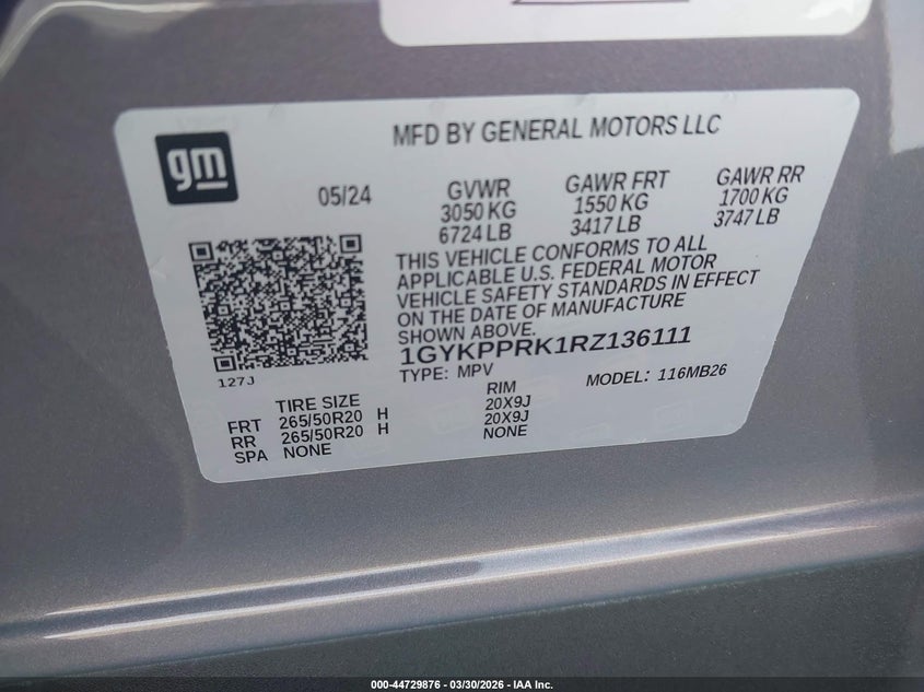 2024 Cadillac Lyriq Luxury W/1Sc VIN: 1GYKPPRK1RZ136111 Lot: 44729876