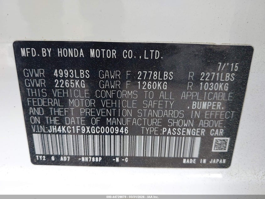 2016 Acura Rlx Advance Package VIN: JH4KC1F9XGC000946 Lot: 44729878