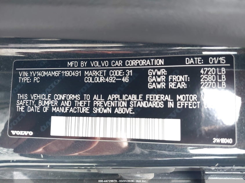 2015 Volvo S80 T5 Platinum VIN: YV140MAM6F1190491 Lot: 44729979