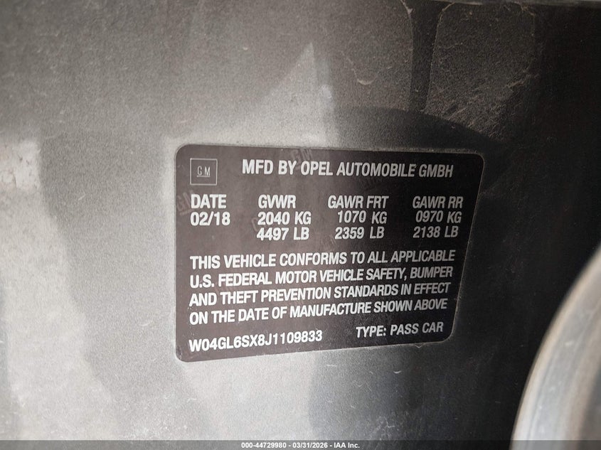 2018 Buick Regal Sportback Preferred VIN: W04GL6SX8J1109833 Lot: 44729980