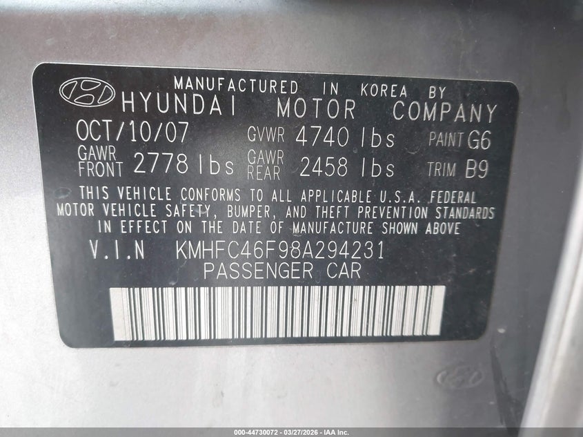 2008 Hyundai Azera Limited VIN: KMHFC46F98A294231 Lot: 44730072