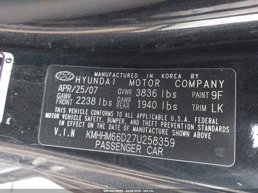 2008 Hyundai Tiburon Gs VIN: KMHHM66D27U258359 Lot: 44730089