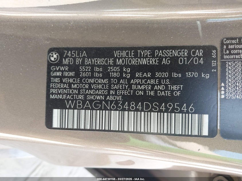 2004 BMW 745Li VIN: WBAGN63484DS49546 Lot: 44730155
