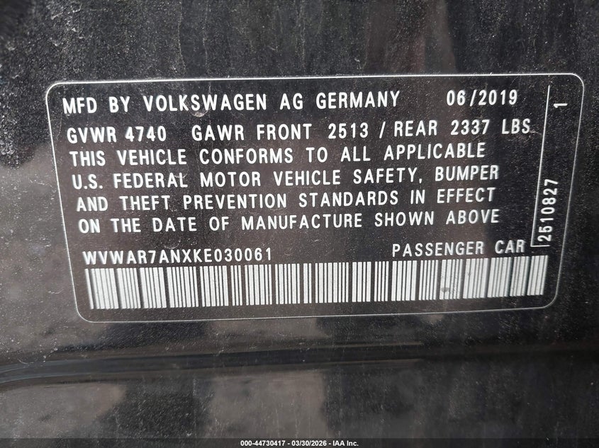 2019 Volkswagen Arteon 2.0T Se VIN: WVWAR7ANXKE030061 Lot: 44730417