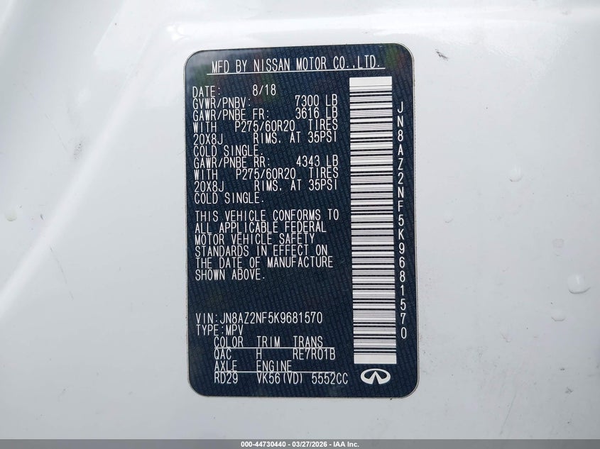 2019 Infiniti Qx80 Luxe VIN: JN8AZ2NF5K9681570 Lot: 44730440