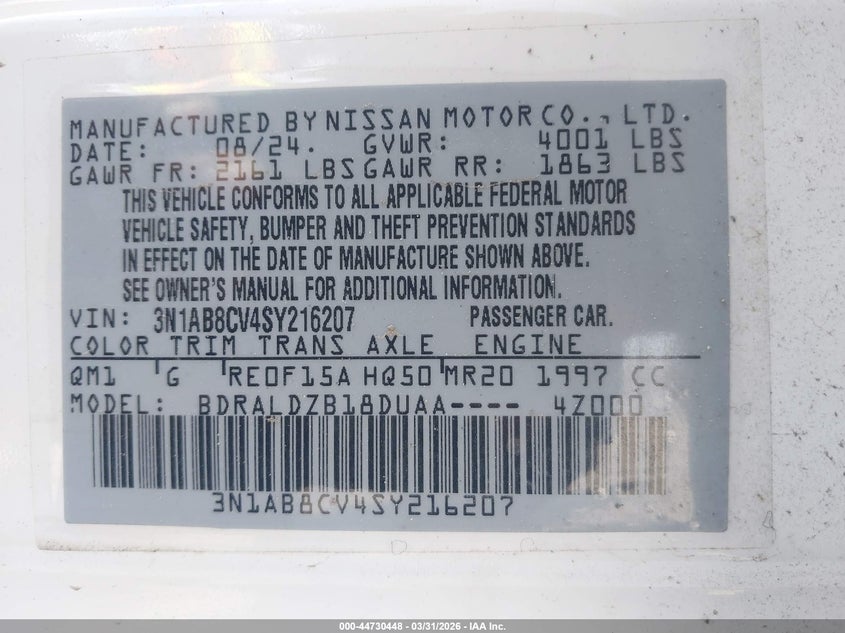 VIN 3N1AB8CV4SY216207 2025 NISSAN SENTRA SV