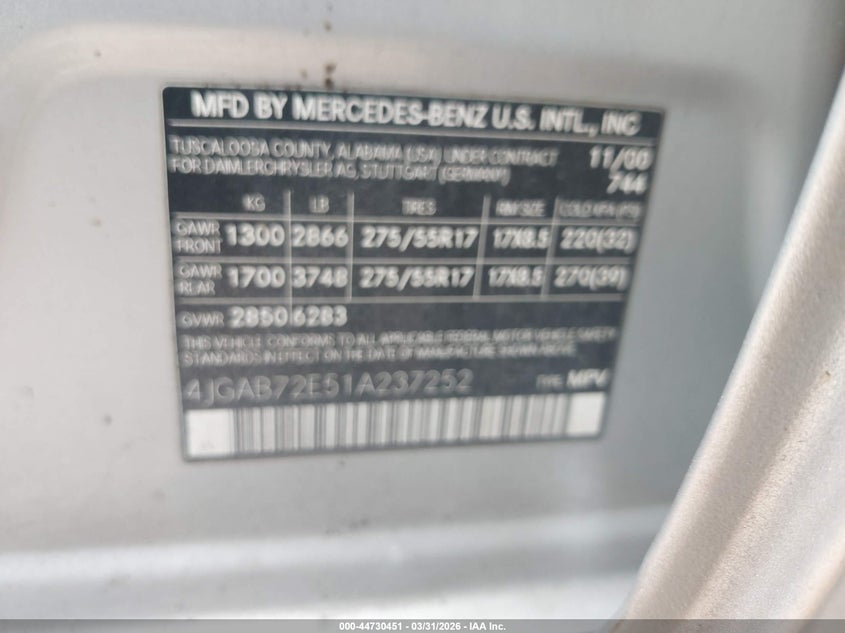 2001 Mercedes-Benz Ml 430 VIN: 4JGAB72E51A237252 Lot: 44730451