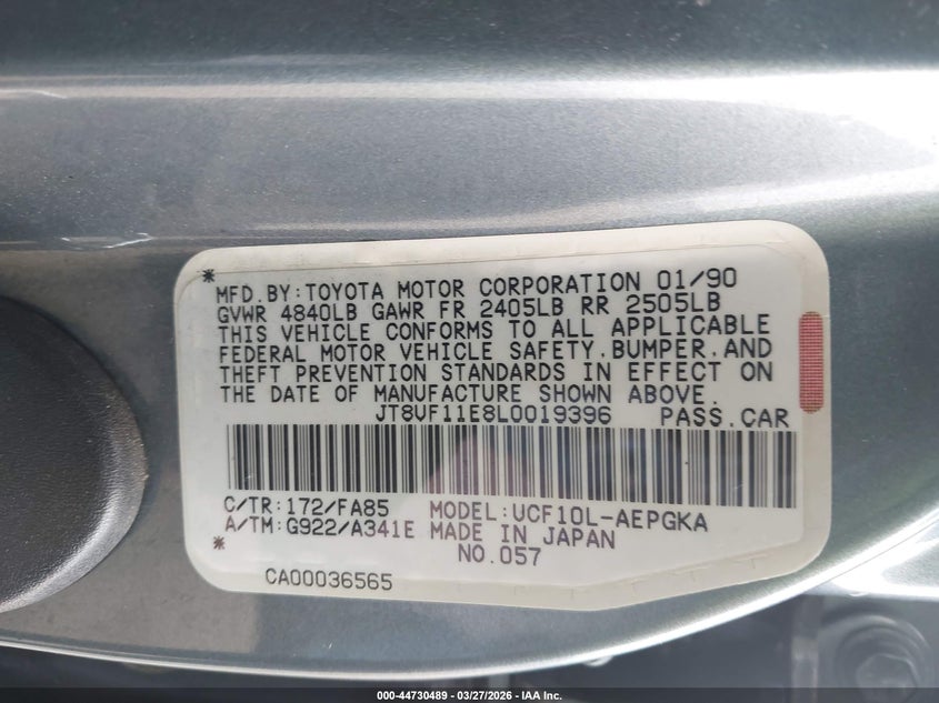 1990 Lexus Ls 400 VIN: JT8UF11E8L0019396 Lot: 44730489